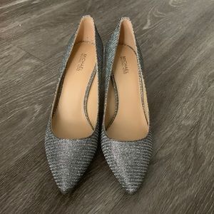 MICHAEL KORS silver heels, never worn. Size 8 and still in box.